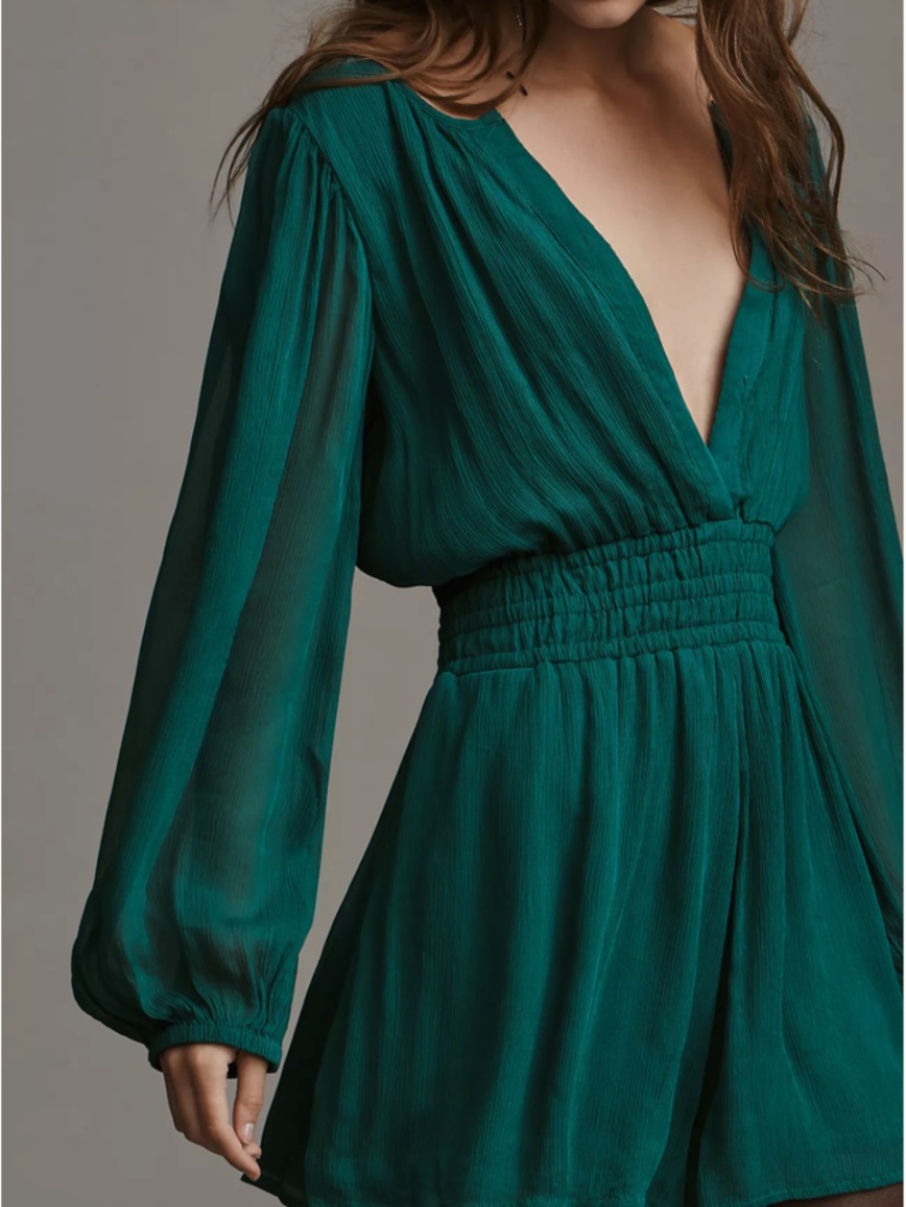 Anthropologie Teal The Somerset Collection Romper Long Sleeve V Neck Medium